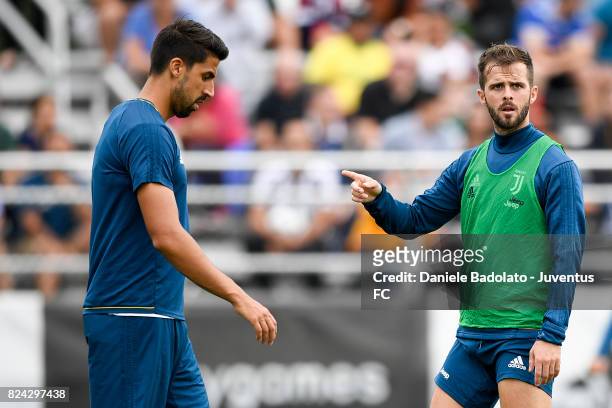 Sami Khedira and Miralem Pjanic of Juventus during the morning training session for Summer Tour 2017 by Jeep on July 29, 2017 in Boston,...