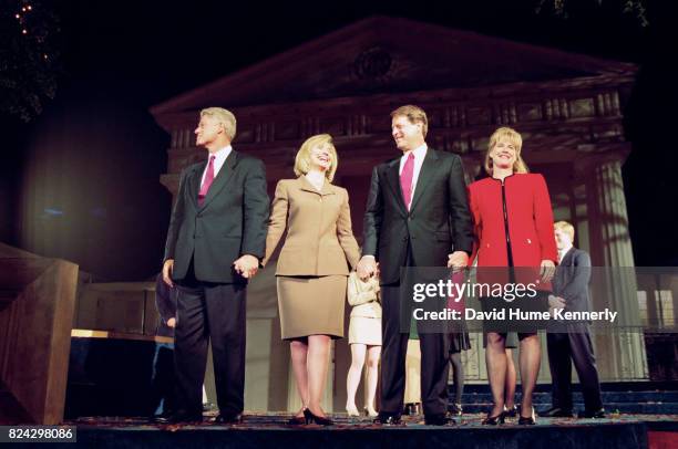 President Bill Clinton, First Lady Hillary Clinton, Vice President Al Gore and Tipper Gore on stage celebrating their victory on election night at...