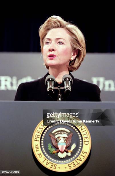 First Lady Hillary Clinton speaks at a ceremony for the 50th anniversary of the adoption of the Universal Declaration of Human Rights in the old...