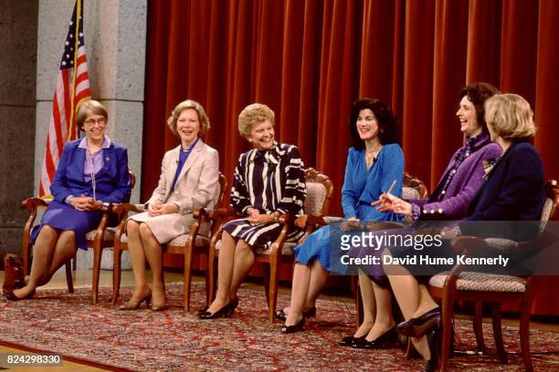 Eleanor Roosevelt Seagraves , Rosalynn Carter, Betty Ford, Luci Baines Johnson, Lynda Bird Johnson Robb, and Susan Ford on a panel at the Gerald R...