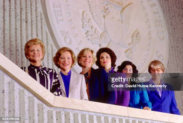 Group photo of Betty Ford, Rosalynn Carter, Susan Ford, Lynda Bird Johnson Robb, Luci Baines Johnson, and Eleanor Roosevelt Seagraves at the Gerald R...