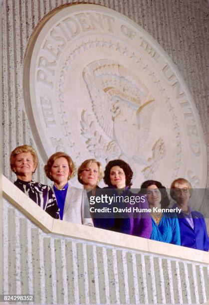 Group photo of Betty Ford, Rosalynn Carter, Susan Ford, Lynda Bird Johnson Robb, Luci Baines Johnson, and Eleanor Roosevelt Seagraves at the Gerald R...