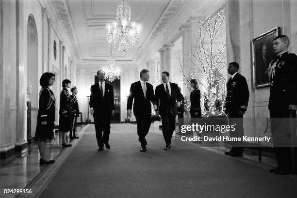 White House Chief of Staff Erskine Bowles, President Bill Clinton and Vice President Al Gore walk through the White House, Washington DC, January...
