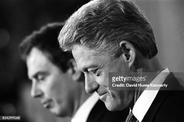 President Bill Clinton and British Prime Minister Tony Blair at a joint press conference during Blairs first visit to the United States as Prime...