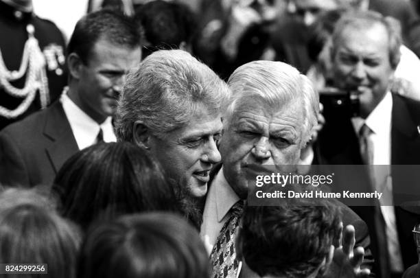 President Bill Clinton and Senator Ted Kennedy at the ceremony on the South Lawn of the White House signing legislation to raise the minimum wage,...