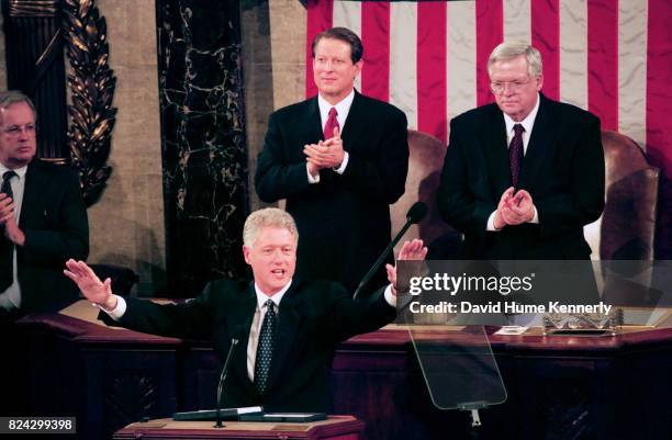 President Bill Clinton's State of the Union Speech before a joint session of Congress, Washington DC, January 19, 1999. Behind him is Vice President...