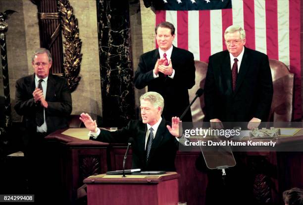 President Bill Clinton's State of the Union Speech before a joint session of Congress, Washington DC, January 19, 1999. Behind him is Vice President...