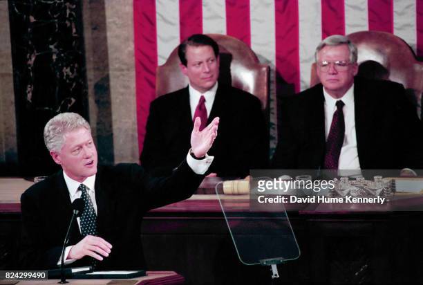 President Bill Clinton's State of the Union Speech before a joint session of Congress, Washington DC, January 19, 1999. Behind him is Vice President...
