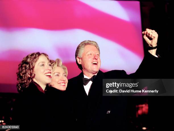 President Bill Clinton, First Lady Hillary Clinton, and Chelsea Clinton attend the New Year's celebration at the Lincoln Memorial, Washington DC,...