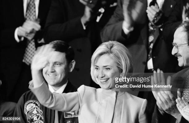First Lady Hillary Clinton wave to the crowd at the State of the Union, Washington DC, January 27, 1998.