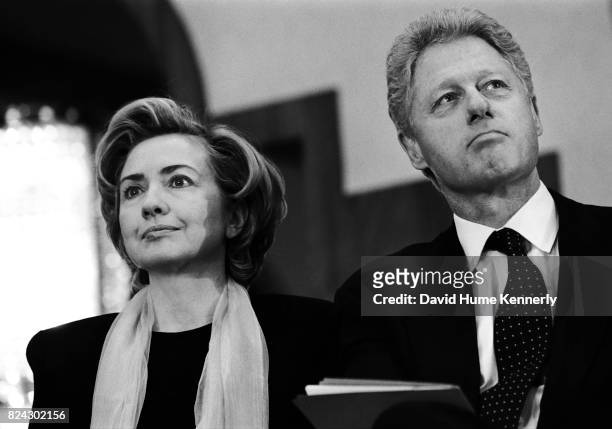 President Bill Clinton with the First Lady Hillary Clinton at a memorial service for King Hussein held at the American Embassy, Amman, Jordan,...