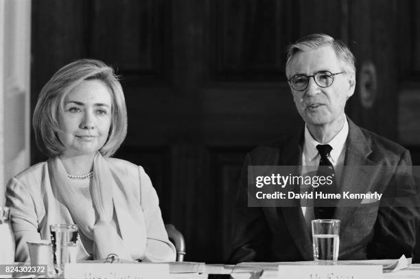 First Lady Hillary Clinton and TV personality Fred Rogers at a discussion on how to improve the quantity and quality of children's programming,...