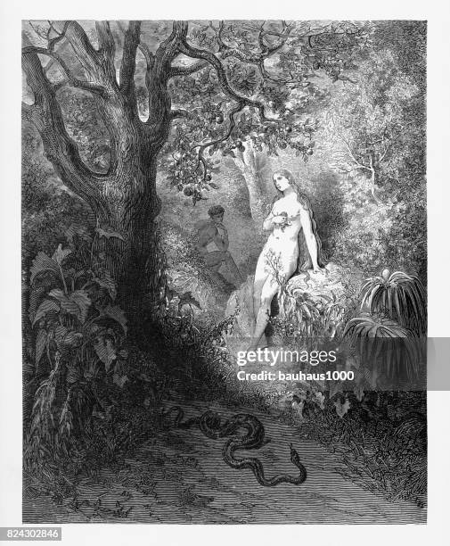 illustrations, cliparts, dessins animés et icônes de retour au buisson est le serpent coupable gravure victorienne, 1885 - adam and eve in garden