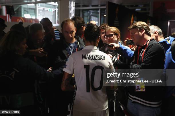 Dzsenifer Marozsan of Germany talks to the media after the game was postponed due to heavy rain prior to the UEFA Women's Euro 2017 Quarter Final...