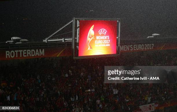 General view as rain falls before the UEFA Women's Euro 2017 match between Germany and Denmark at Sparta Stadion on July 29, 2017 in Rotterdam,...