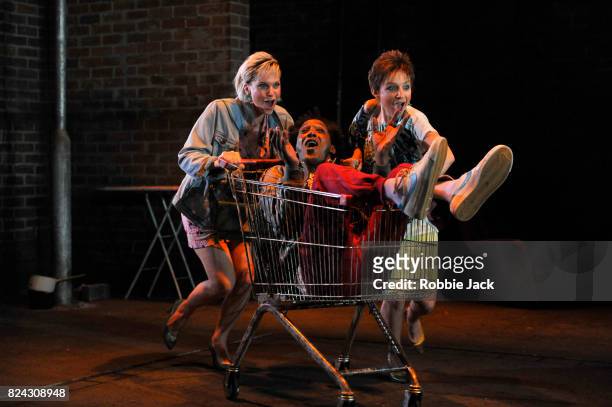 Faye Marsay, Lemn Sissay and Liz White in Jim Cartwright's Road directed by John Tiffany at the Royal Court Theatre on July 26, 2017 in London,...