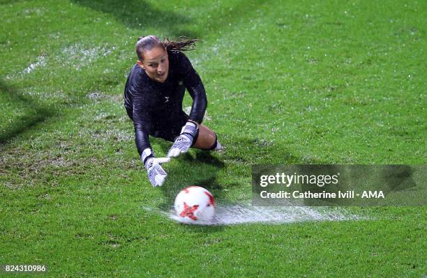 Laura Benkarth of Germany Women makes a save in the rain before the UEFA Women's Euro 2017 match between Germany and Denmark at Sparta Stadion on...
