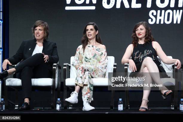 Carolyn Taylor, Meredith MacNeill, Aurora Browne of 'Baroness Von Sketch Show' speak onstage during the IFC portion of the 2017 Summer Television...