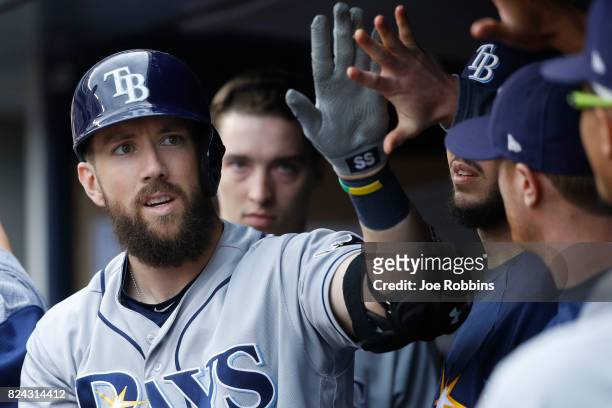 Steven Souza Jr. #20 of the Tampa Bay Rays celebrates with teammates after a solo home run in the fifth inning of a game against the New York Yankees...