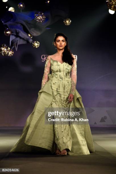 Bollywood actor Aditi Rao Hydari walks for Gaurav Gupta at FDCI's India Couture Week 2017 at the Taj Palace hotel on July 29, 2017 in New Delhi,...