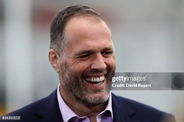 Martin Bayfield, the former England international now BT rugby presenter looks on during the Singha Premiership Rugby 7s Series Day Two at Franklin's...