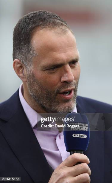 Martin Bayfield, the former England international now BT rugby presenter looks on during the Singha Premiership Rugby 7s Series Day Two at Franklin's...