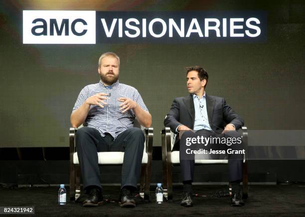 Writer Robert Kirkman and director Eli Roth of 'Visionaries: Robert Kirkman's Secret History of Comics Docuseries' speak onstage during the...