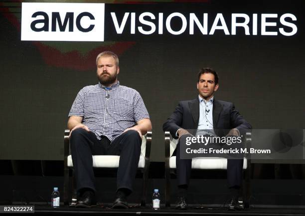 Robert Kirkman and Eli Roth speak onstage at AMC Visionaries: Robert Kirkman's Secret History of Comics during the AMC portion of the 2017 Summer...