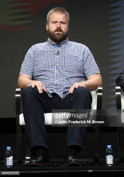 Robert Kirkman speaks onstage at AMC Visionaries: Robert Kirkman's Secret History of Comics during the AMC portion of the 2017 Summer Television...