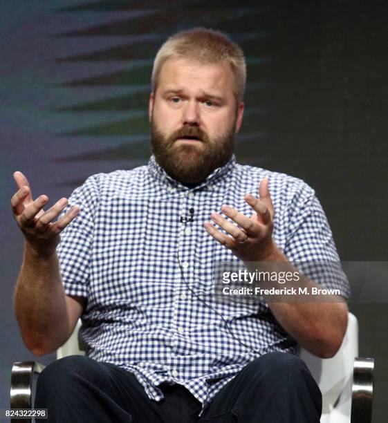 Robert Kirkman speaks onstage at AMC Visionaries: Robert Kirkman's Secret History of Comics during the AMC portion of the 2017 Summer Television...