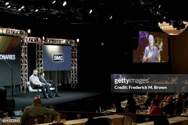 Robert Kirkman, Eli Roth and James Cameron speak onstage at AMC Visionaries: Robert Kirkman's Secret History of Comics during the AMC portion of the...