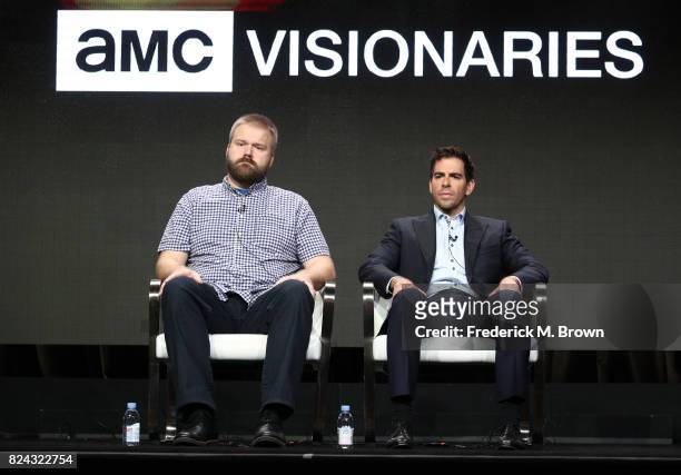 Robert Kirkman and Eli Roth speak onstage at AMC Visionaries: Robert Kirkman's Secret History of Comics during the AMC portion of the 2017 Summer...