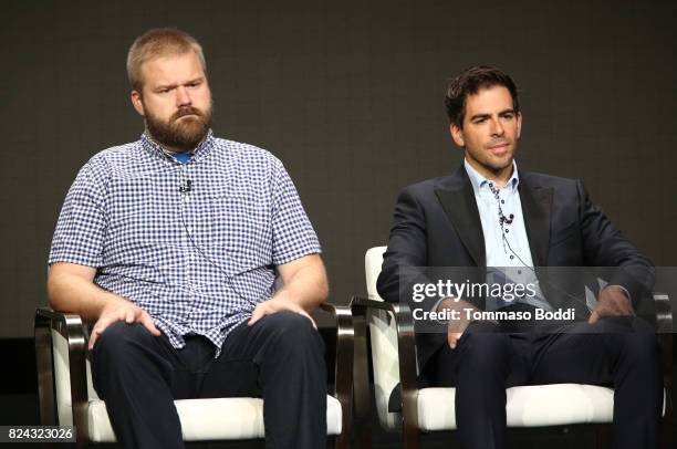 Writer Robert Kirkman and director Eli Roth of 'Visionaries: Robert Kirkman's Secret History of Comics Docuseries' speak onstage during the...