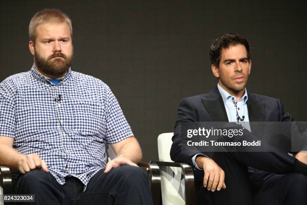 Writer Robert Kirkman and director Eli Roth of 'Visionaries: Robert Kirkman's Secret History of Comics Docuseries' speak onstage during the...