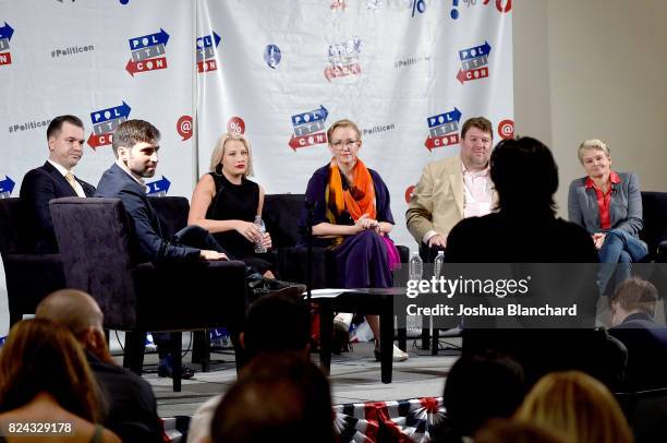 Austin Petersen, moderator Dan Diamond, Elisha Krauss, Xeni Jardin, Jonathan Allen and Sue Dunlap at the 'Dr.Who?' panel during Politicon at...