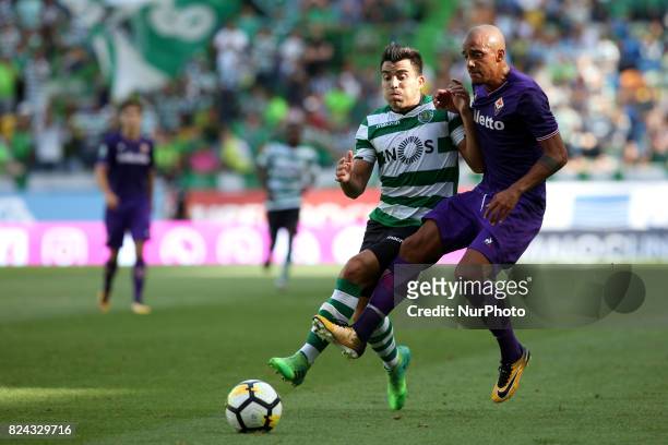 Sporting CP midfielder Marcos Acuna from Argentina fights for the ball with Fiorentina defender Bruno Gaspar from Portugal during the Trophy Five...