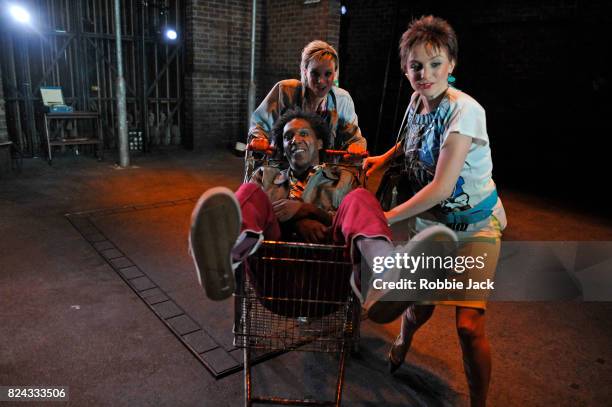 Faye Marsay, Lemn Sissay and Liz White in Jim Cartwright's Road directed by John Tiffany at the Royal Court Theatre on July 26, 2017 in London,...