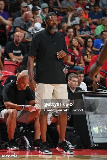 Walter McCarty of the Boston Celtics looks on during the game against the Portland Trail Blazers during the 2017 Las Vegas Summer League on July 9,...