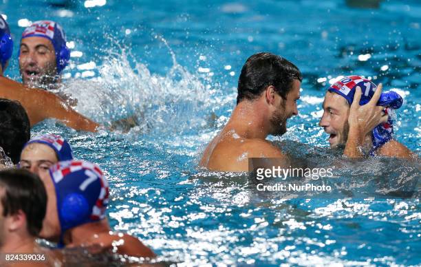 Andelo Setka of Croatia celebrates victory during the Men's Waterpolo Final between Hungary and Croatia on day sixteen of the Budapest 2017 FINA...