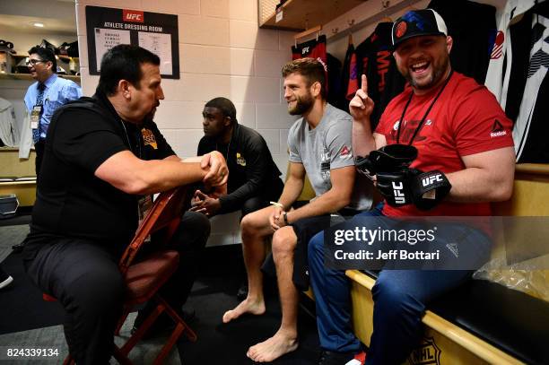 Calvin Kattar listens to instructions from referee John McCarthy backstage during the UFC 214 event inside the Honda Center on July 29, 2017 in...