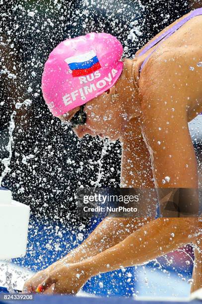 Russia's Yuliya Efimova prepares to compete in a semi-final of the women's 50m breaststroke during the swimming competition at the 2017 FINA World...