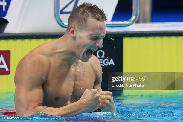 Caeleb Remel Dressel competes in the mixed 4x100m freestyle final during the swimming competition at the 2017 FINA World Championships in Budapest,...