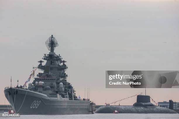 Russian Navy's Pyotr Velikiy nuclear battlecruiser and Russian Navy's TK-208 Dmitry Donskoy nuclear submarine is prepared for the Navy Day parade in...