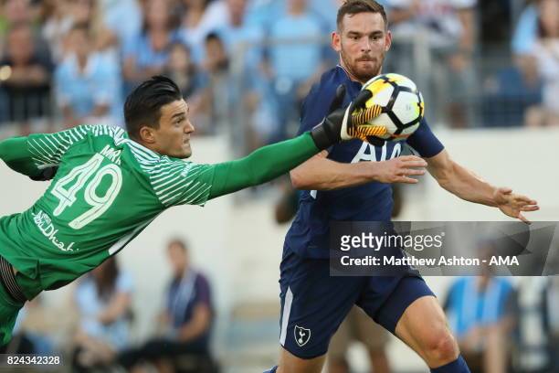 Aro Muric of Manchester City saves from Vincent Janssen of Tottenham Hotspur during the International Champions Cup 2017 match between Manchester...