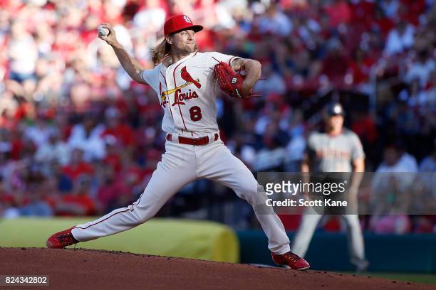 Mike Leake of the St. Louis Cardinals pitches during the first inning against the Arizona Diamondbacks at Busch Stadium on July 29, 2017 in St....