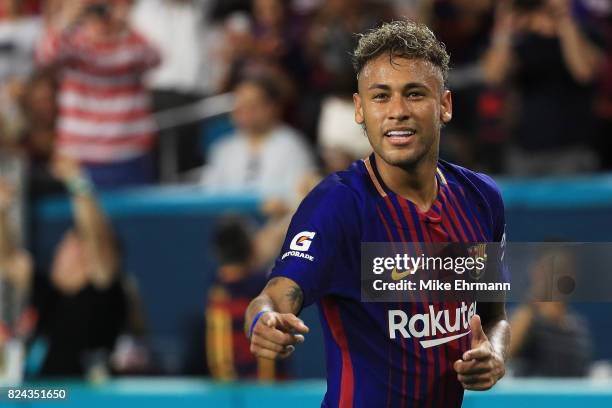 Neymar of Barcelona reacts in the second half against Real Madrid during their International Champions Cup 2017 match at Hard Rock Stadium on July...