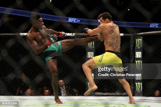 Aljamain Sterling kicks Renan Barao of Brazil in their 140-pound catchweight bout during the UFC 214 event at Honda Center on July 29, 2017 in...