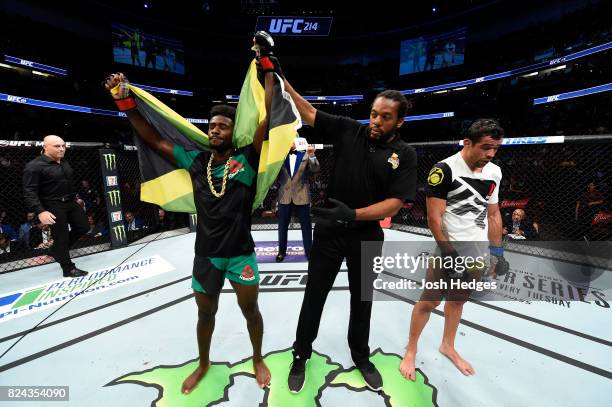 Aljamain Sterling reacts after defeating Renan Barao of Brazil in their 140-pound catchweight bout during the UFC 214 event at Honda Center on July...