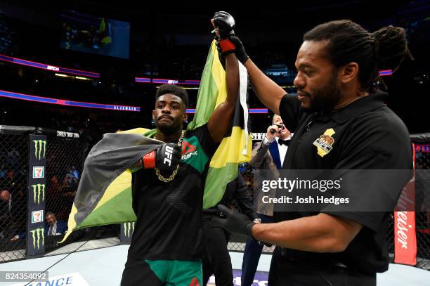 Aljamain Sterling reacts after defeating Renan Barao of Brazil in their 140-pound catchweight bout during the UFC 214 event at Honda Center on July...