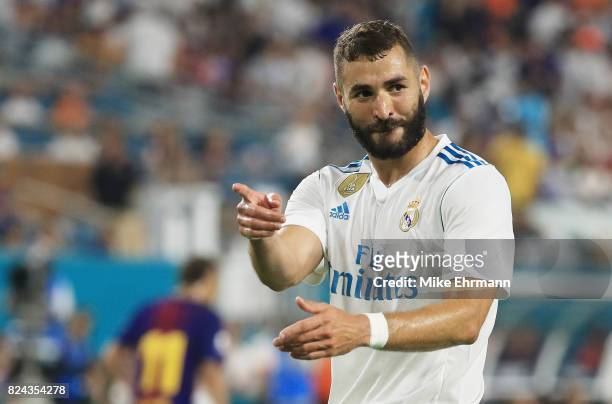 Karim Benzema of Real Madrid reacts in the first half against Barcelona during their International Champions Cup 2017 match at Hard Rock Stadium on...